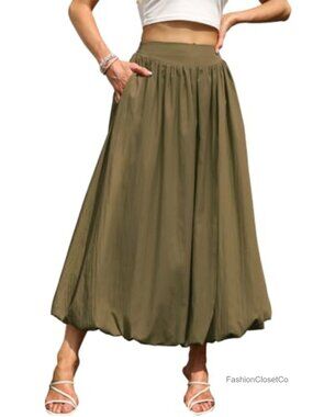 Women's Bubble Maxi Skirt Long A-Line with Pockets